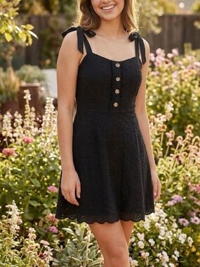 SPEECHLESS Spaghetti Strap Eyelet Lined Dress, Girls Medium, Black